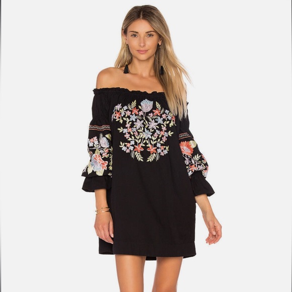 FREE PEOPLE FLEUR DU JOUR OFF-THE-SHOULDER EMBROIDERY DRESS BLACK - Picture 1 of 8
